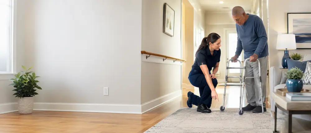 Healthcare worker assisting a senior patient during a home safety assessment.